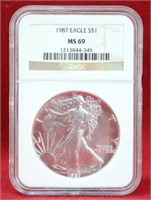 1987 Eagle Design 1oz Fine Silver Dollar NGC MS69
