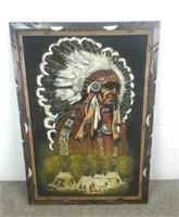 Native American Chief Painting On Velvet Signed