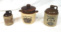 3 Stoneware Advertising Whiskey Jugs & Bean Pot