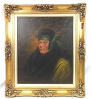Signed Native American Portrait Oil On Canvas
