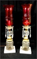 Pair Crystal Glass Ruby Shade Marble Base Lamps