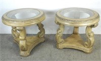 Pair Carved Wood Round Glass Top End Tables