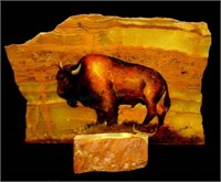 Bison Painting On Marble Slab & Base Escobedo