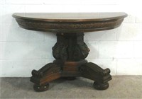 Antique Carved Oak Wood Console Demi Lune Table