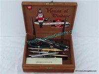 Wooden Cigar Box full of Writing Pen Pencil Sets +