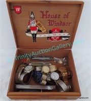 Wooden Cigar Box with Men's Wrist Watches & Knives