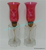 1940's Glass Candle Lamps w/ Etched Glass Covers