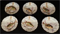 6 hand-painted porcelain fish plates marked HACHE JULLIEN & Cie VIERZON PARIS, monogrammed L. J. F. , dated 1878