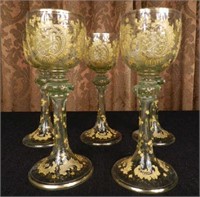 5 antique gilded hock glasses