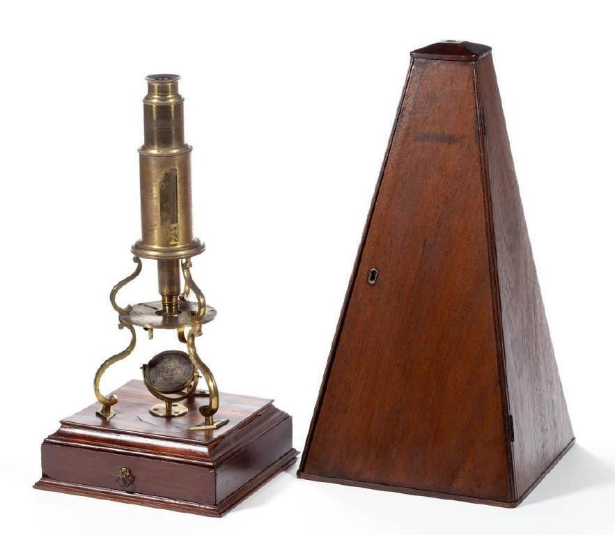 Rare and historic Culpeper-type microscope with original case belonging to botantist William Rich (1800-1864) and used on the 1838-1842 United States Exploring Expedition sponsored by the Smithsonian, descended directly in the family, with exhibition history