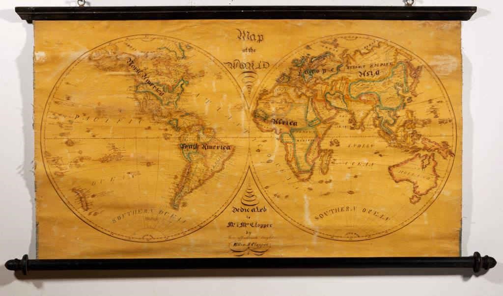 Schoolgirl watercolor and ink on paper map of the world (c.1828), signed and inscribed by Ellen Clopper, then a student at St. Joseph's Academy in Emmitsburg, MD, descended directly in the family