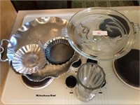 Glass Cake Stand, Vase and Aluminum Wares