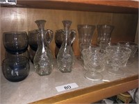 Misc. Glassware and Vinegar Cruets on Shelf