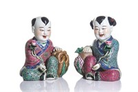 PAIR OF REPUBLICAN FAMILLE ROSE PORCELAIN FIGURES