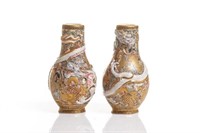 PAIR OF SATSUMA VASES WITH MOLDED DRAGONS