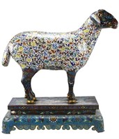 PAIR OF MONUMENTAL CLOISONNE SHEEP ON STAND