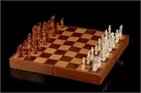 CHINESE NATURAL CARVED CHESS SET IN WOOD BOX