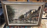 Oil on Canvas Parisian Street Scene, Signed