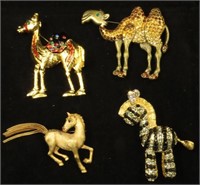 (4) FIGURAL COSTUME PINS: CAMEL, ZEBRA, HORSE