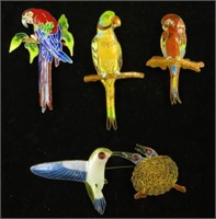 (4) ENAMEL AND STERLING BIRD PINS