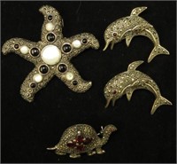 (4) STERLING & MARCASITE PINS - SEA LIFE