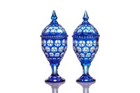 PAIR OF BLUE FLASHED GLASS COVERED SWEET MEATS