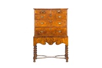 WILLIAM & MARY BURLED WALNUT CHEST ON STAND