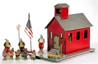 FOLK ART PAINTED WOOD SCHOOL HOUSE WITH FIGURES,