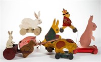 PAINTED WOOD RABBIT PULL TOYS, LOT OF SIX,