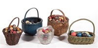 ASSORTED CLAY MARBLES IN BASKETS, UNCOUNTED LOT,