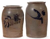 AMERICAN DECORATED STONEWARE JARS, LOT OF TWO,
