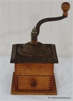 Antique Coffee Grinder w/ Cast Iron Top & Wood Bin