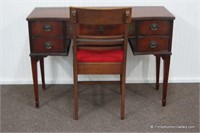 Vintage Mahogany Vanity w/ Hinged Mirror & Chair
