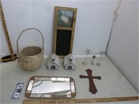 Ornate Mirror, Tin Houses, Cross, Basket, & More