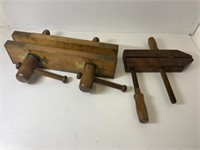2 ANTIQUE TIMBER CLAMPS 1 WITH BRASS MOUNTS