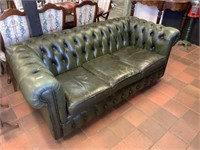 GREEN 3 SEATER LEATHER CHESTERFIELD COUCH
