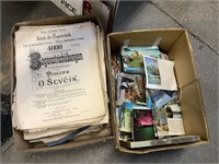 3 BOXES OF POSTCARDS BOOKS AND SHEET MUSIC