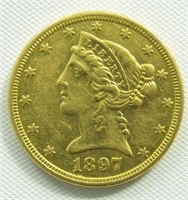 Coin 1897 Coronet Head $5.00 Gold Coin