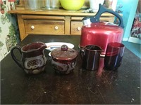 Assorted Red Glass Pieces and  Tea Kettle
