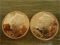 2 .999oz Copper Winged Lady Liberty Rounds