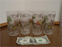4 Currier & Ives Frosted River Boat Glasses - VGC