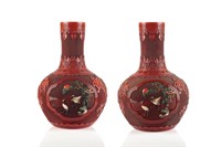 PAIR OF CINNABAR LACQUER VASES WITH MIXED INLAY