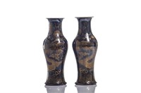 PAIR OF GILT DECORATED BLACK GLAZED DRAGON VASES