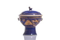 CHINESE GILT SACRAFICIAL BLUE GLAZED STEM BOWL