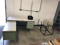Corner desk, 2 Rolling chairs, Metal racks, 2
