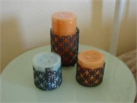Set of 3 Candles - Orange / Blue w/ Holders