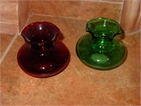 2 Small Red & Green Glass Vases