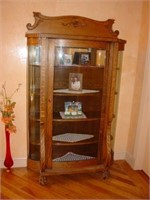 Antique Oak Claw Foot Curved Glass Curio Cabinet