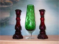 2 Cape Cod Ruby Candleholders, Green Glass Vase
