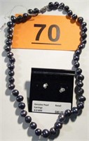 Jewelry Set of Black Pearl Necklace & Earrings.